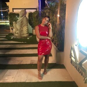 red mini latex dress with mesh.